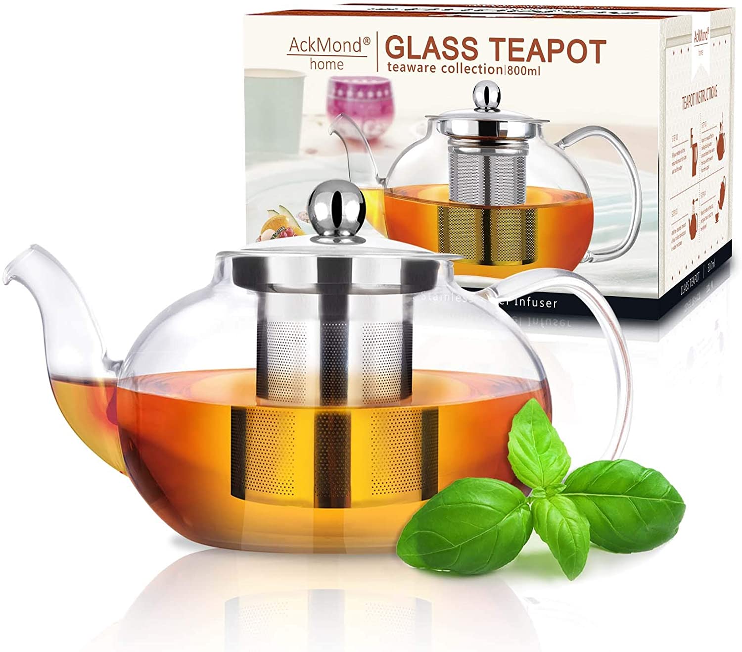 AckMond 800 ml Clear Glass Teapot with Stainless Steel Infuser & Lid, Borosilicate Glass Tea Pots