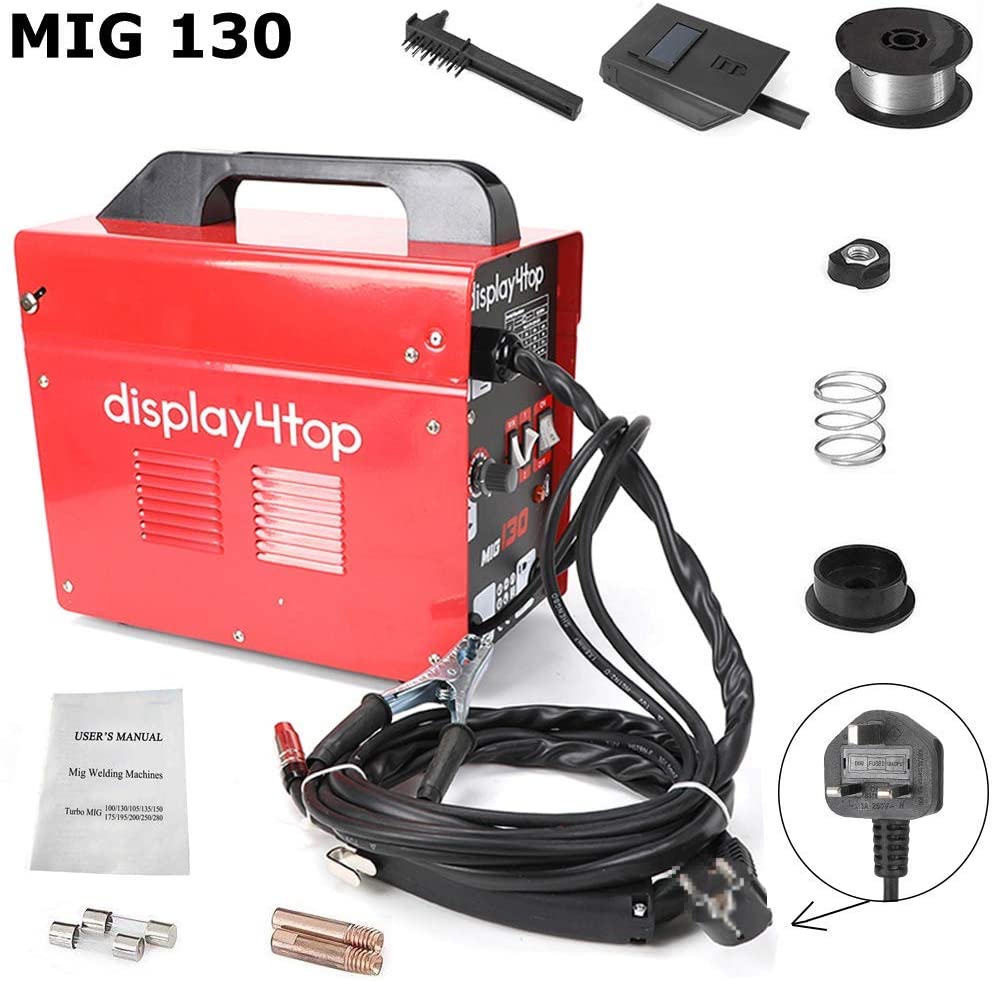 Display4top Professional Mig 130 Welder Gasless 230V No Gas with Mask & Welding Weld Wire with Brush/Tool Accessories，Fan Cooling，Red (MIG 130)