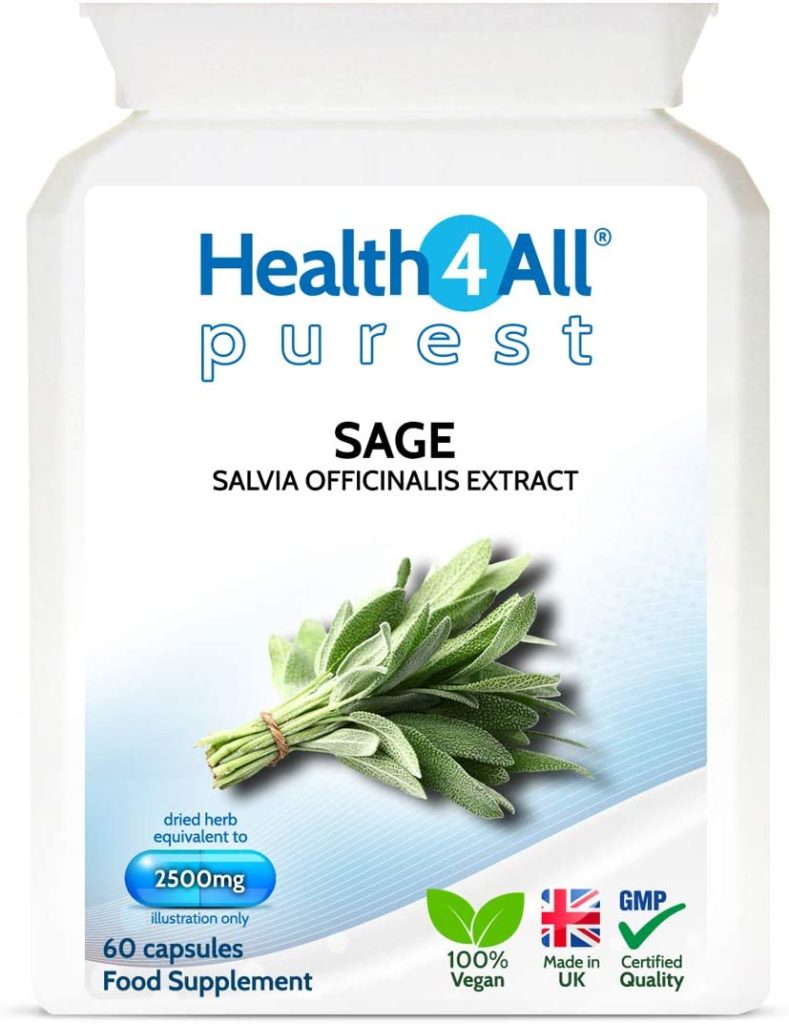 Sage Strong 2500mg 60 Capsules (V) Purest- no additives Capsules (not Tablets). Works for Hot Flushes, Night Sweats and Menopause Symptoms. Vegan. Made by Health4All
