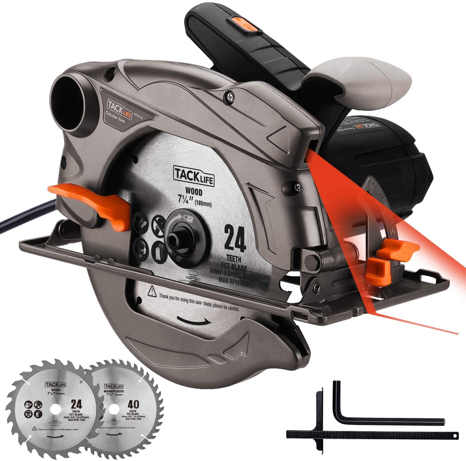 Circular Saw, TACKLIFE 4700RPM 1500W ELectric Saw , Cutting Depth 65mm (90º), 45mm (45º), Blade: 24T + 40T(185mm), Laser, Double Safety Switch, Ideal for DIY / PES01A