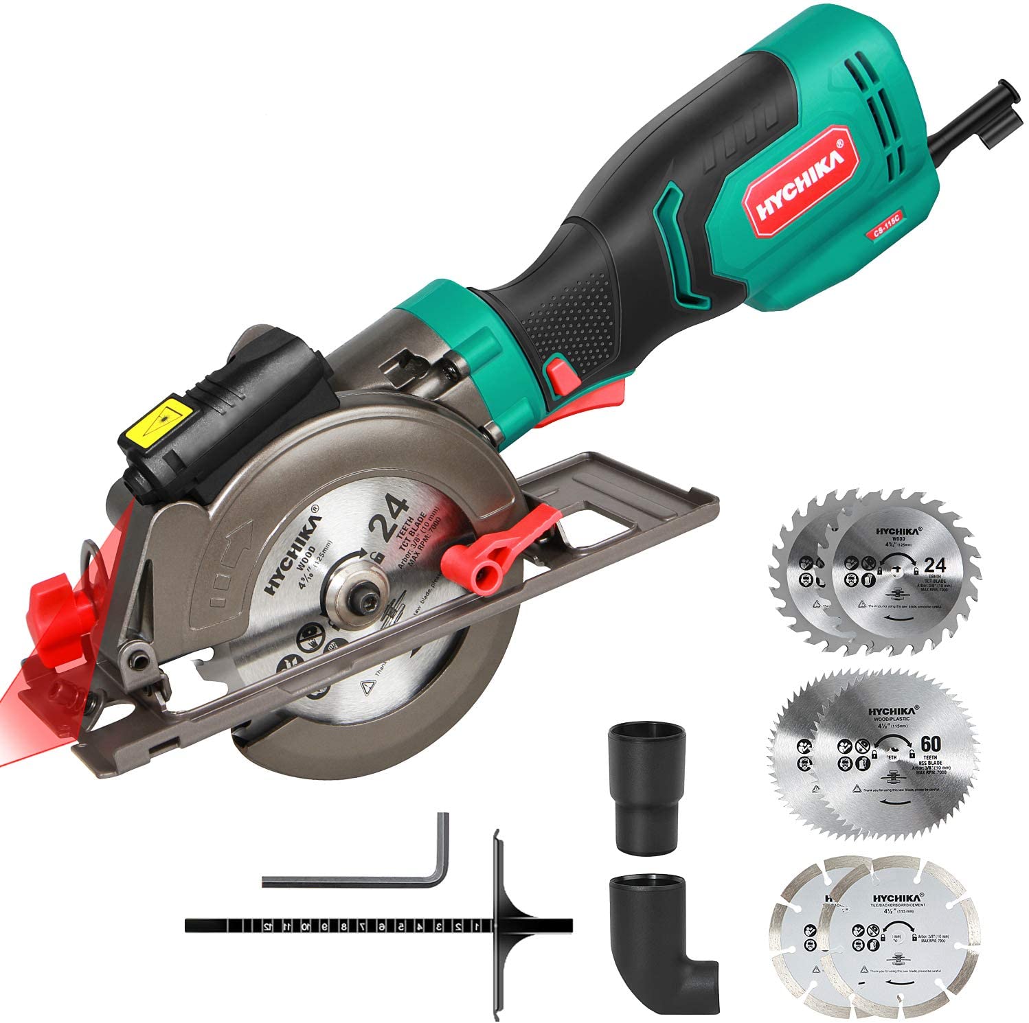 Circular Saw, HYCHIKA 750W 3500RPM Mini Circular Saw with 6 Blades(115 & 125mm), Laser Guide, Scale Ruler, Cutting Depth 48mm(90°), 32mm(45°), Compact Circular Saw for Wood, Tile and Soft Metal